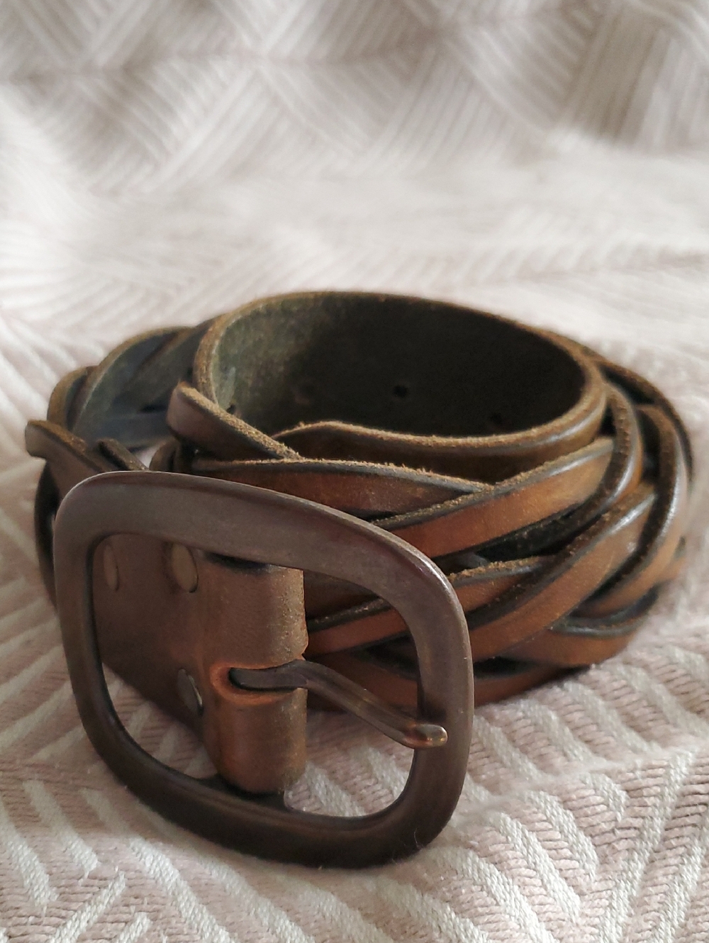 Vintage Braided Leather Belt With Brass Tone Buckle.  1970's. GVC